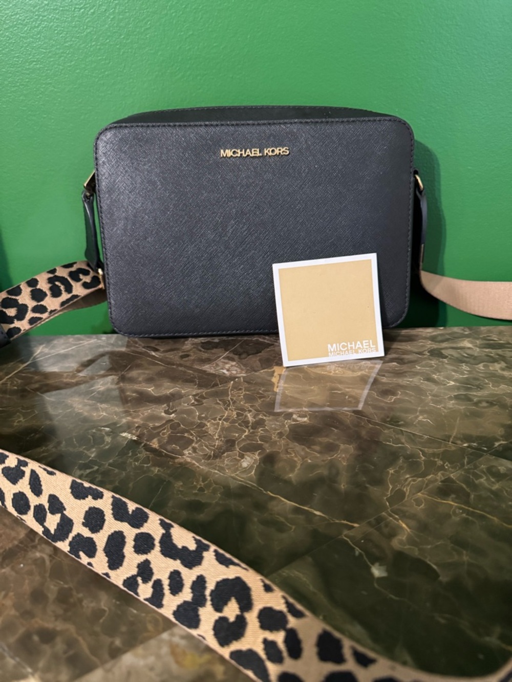 NWT Michael Kors Black Saffiano Crossbody with Leopard Accent Strap